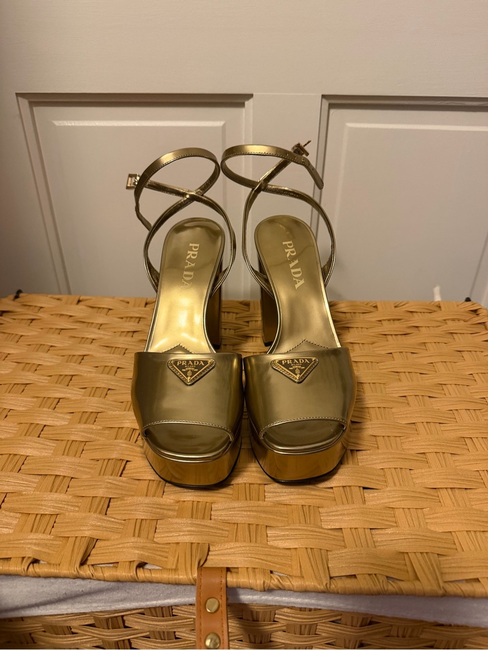 Prada Metallic Gold Platform Ankle-Strap Sandals - Picture 1 of 5
